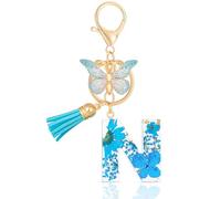 MWOOT Initial Letter N Keychain Resin Alphabet Keyrings,Blue Petals Gold Foil Key Ring Charm with Butterfly Tassel Pendant,Kawaii Key Chain for Womens Gift Ideas Wallet Purse Bag Handbag Decor (N)