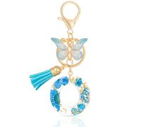MWOOT Initial Letter O Keychain Resin Alphabet Keyrings,Blue Petals Gold Foil Key Ring Charm with Butterfly Tassel Pendant,Kawaii Key Chain for Womens Gift Ideas Wallet Purse Bag Handbag Decor (O)