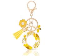 MWOOT Initial Letter O Keychain Resin Alphabet Keyrings,Yellow Petals Gold Foil Key Ring Charm with Daisy Bee Tassel Pendant,Key Chain for Women's Gift Ideas Wallet Purse Bag Handbag Decor(O)