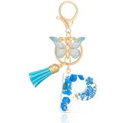 MWOOT Initial Letter P Keychain Resin Alphabet Keyrings,Blue Petals Gold Foil Key Ring Charm with Butterfly Tassel Pendant,Kawaii Key Chain for Womens Gift Ideas Wallet Purse Bag Handbag Decor (P)