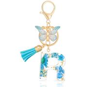 MWOOT Initial Letter R Keychain Resin Alphabet Keyrings,Blue Petals Gold Foil Key Ring Charm with Butterfly Tassel Pendant,Kawaii Key Chain for Womens Gift Ideas Wallet Purse Bag Handbag Decor (R)