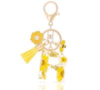 MWOOT Initial Letter R Keychain Resin Alphabet Keyrings,Yellow Petals Gold Foil Key Ring Charm with Daisy Bee Tassel Pendant,Key Chain for Women's Gift Ideas Wallet Purse Bag Handbag Decor(R)