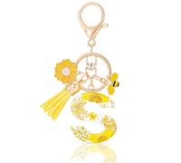 MWOOT Initial Letter S Keychain Resin Alphabet Keyrings,Yellow Petals Gold Foil Key Ring Charm with Daisy Bee Tassel Pendant,Key Chain for Women's Gift Ideas Wallet Purse Bag Handbag Decor(S)