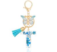 MWOOT Initial Letter T Keychain Resin Alphabet Keyrings,Blue Petals Gold Foil Key Ring Charm with Butterfly Tassel Pendant,Kawaii Key Chain for Womens Gift Ideas Wallet Purse Bag Handbag Decor (T)