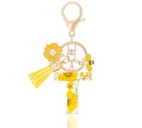 MWOOT Initial Letter T Keychain Resin Alphabet Keyrings,Yellow Petals Gold Foil Key Ring Charm with Daisy Bee Tassel Pendant,Key Chain for Women's Gift Ideas Wallet Purse Bag Handbag Decor(T)