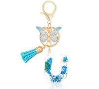 MWOOT Initial Letter U Keychain Resin Alphabet Keyrings,Blue Petals Gold Foil Key Ring Charm with Butterfly Tassel Pendant,Kawaii Key Chain for Womens Gift Ideas Wallet Purse Bag Handbag Decor (U)