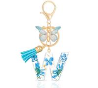 MWOOT Initial Letter W Keychain Resin Alphabet Keyrings,Blue Petals Gold Foil Key Ring Charm with Butterfly Tassel Pendant,Kawaii Key Chain for Womens Gift Ideas Wallet Purse Bag Handbag Decor (W)