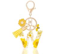 MWOOT Initial Letter W Keychain Resin Alphabet Keyrings,Yellow Petals Gold Foil Key Ring Charm with Daisy Bee Tassel Pendant,Key Chain for Women's Gift Ideas Wallet Purse Bag Handbag Decor(W)