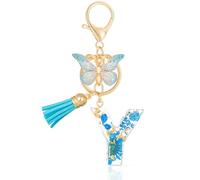 MWOOT Initial Letter Y Keychain Resin Alphabet Keyrings,Blue Petals Gold Foil Key Ring Charm with Butterfly Tassel Pendant,Kawaii Key Chain for Womens Gift Ideas Wallet Purse Bag Handbag Decor (Y)