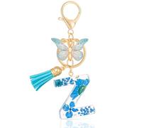 MWOOT Initial Letter Z Keychain Resin Alphabet Keyrings,Blue Petals Gold Foil Key Ring Charm with Butterfly Tassel Pendant,Kawaii Key Chain for Womens Gift Ideas Wallet Purse Bag Handbag Decor (Z)