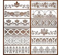 MWOOT Large Border Stencil Set - 12 Reusable Floral Templates for Wood, Canvas, Furniture, Cake, and Tile Decoration (30.5x10 cm)