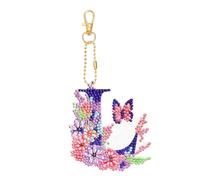 MWOOT Letter Diamond Art Painting Keychain, 5D DIY Flower Butterfly Diamond Pasted Painting Keyring Charm, Double Sided Full Drill Mosaic Crystal Craft Pendant for Backpack Handbag Decor(L)