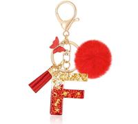 MWOOT Letter F Keychain Initial Letter Key Ring, Alphabet Resin Key Chain with Butterfly Tassel Plush Pendant Handbag Purse Charm, Red Keyring for Women (F)