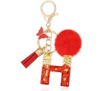 MWOOT Letter H Keychain Initial Letter Key Ring, Alphabet Resin Key Chain with Butterfly Tassel Plush Pendant Handbag Purse Charm, Red Keyring for Women (H)