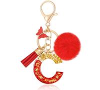 MWOOT Letter Keychain Initial Resin Letter Keychain, Alphabet Keyring with Plush Pendant Tassels Butterfly, Keyring Charm with Red Lady Purse Wallet Decoration (C)