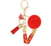 MWOOT Letter V Keychain Initial Letter Key Ring, Alphabet Resin Key Chain with Butterfly Tassel Plush Pendant Handbag Purse Charm, Red Keyring for Women (V)