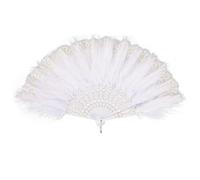 MWOOT Marabou Feather Fan, 1920s Embroidered Flower Handheld Feather Fan, Roaring 20s Vintage Style Flapper Hand Fan for Costume Halloween Dancing Show Tea Party Wedding Decoration - White