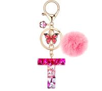 MWOOT Name Initial Letter Keychain for Women, Red Resin Keyrings for Door Car Bag Key Decor, Rhinestones Charms Accessories for Personalized Present,Capital Alphabet T