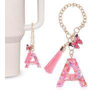 MWOOT Pink Initial letter Keychains for Women, Stanley Cup Charms, Cute Initial Keychain Handle Charm for Stanley Tumbler, A