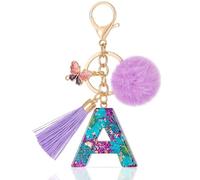 MWOOT Purple Letter Keyring with Plush Tassels Butterfly, Resin Initial Keychain Cute Car Keychain Charm, Prime Personalised Keyring Handbag Charms Accessories Decoration Gift for Women Friend(A)