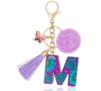 MWOOT Purple Letter Keyring with Plush Tassels Butterfly, Resin Initial Keychain Cute Car Keychain Charm, Prime Personalised Keyring Handbag Charms Accessories Decoration Gift for Women Friend(M)