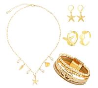 MWOOT Starfish Seashell Jewelry Set for Women, Gold Shell Pearl Pendant Necklace Starfish Dangle Earrings Rings Boho Vintage Layered Leather Bracelet, Summer Beach Jewelry for Holiday Vacation