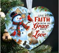 MWS9xDesigns Live by Faith Grow in Grace Walk in Love Acrylic Ornament - Snowman and Animals Winter Scene - Heart Shape Christmas Tree Decoration - Gift for Friend
