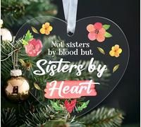 MWS9xDesigns Sisters by Heart Acrylic Christmas Ornament - Not Sisters by Blood Quote - Floral Heart Shape - Holiday Friendship Keepsake - Xmas Tree Decoration
