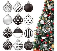 MWZBTG 2D Pack of 12 Christmas Baubles, Black and White, Black and White Striped Dot Hanging Ball Ornaments, Shatterproof Christmas Tree Decoration