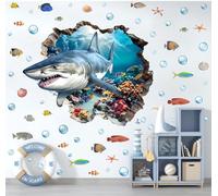 MXAEUK 3D Large Shark Wall Decals(28.1”x22.8”), Watercolor Sea World Vinyl Wall Stickers, Removable Cartoon Under The Sea Animal Artwork for Baby Bedroom Playroom Bathroom Decor
