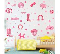 MXAEUK Pink Cowgirl Wall Decal, Boots Horseshoe Iron Hat Disco Ball Vinyl Wall Stickers, Removable Preppy Western Girls Howdy Artwork for Teen Bedroom Dormitory Decor