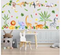 MXAEUK Watercolor Jungle Animal Wall Decals- Elephant, Monkey, Lion, Tiger, Zebra, Giraffe Safari Vinyl Wall Stickers- Tropic Forests Wildlife Artwork for Nursery Toddler Room Kindergarten Decor