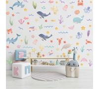 MXAEUK Watercolor Ocean Wall Decals, Whales Dolphins Seaweed Fish Vinyl Wall Stickers, Removable Cartoon Under The Sea Animal Artwork for Baby Bedroom Playroom Bathroom Decor