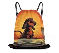 MXDLKSWPOH Drawstring Backpack Sports Gym Bags Draw String Bag Dachshund Looking at Plate Drawstring Bags for Women Men Sackpack