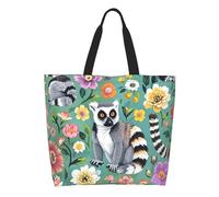 MXDLKSWPOH Tote Bag Reusable Grocery Bags Animals Lemur Flowers Pattern Shopping Bags Large Capacity Casual Shoulder Handbag
