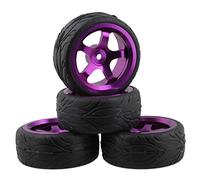 Mxfans Black Scale Pattern Rubber Tyre and Purple Alloy Wheel Rims With 5 Spoke For RC 1:10 On-road Racing Car Pack Of 4