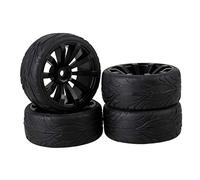 Mxfans RC 1:10 On-road Car Black Fish Scale Pattern Rubber Tyre & Black Plastic Concave 10-Spoke Wheel Rim 12mm Drive Hex Pack of 4