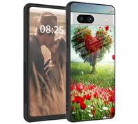 Mxfdegf Case for Google Pixel 7a 6.1-Inch 2023, Tempered Glass Back + Soft Silicone TPU Shockproof Anti-Scratch Protective Phone Case for Google Pixel 7a,Love Heart Trees Flowers
