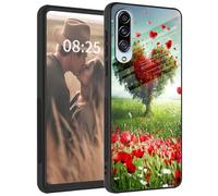 Mxfdegf Case for Samsung Galaxy A90 5G, Tempered Glass Back+Soft Silicone TPU Shockproof Anti-Scratch Protective Phone Case for Galaxy A90 5G,Love Heart Trees Flowers