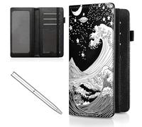Mxfdegf Checkbook Cover for Men Women Check book Holder Cover Wallets for Personal Checkbook Checks with Credit Card Slots Leather RFID Blocking & Elastic Strap, Ocean Wave and Moon -2536