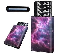 Mxfdegf Credit Card Holder Aluminum Auto Pop Up Wallet, Slim Minimalist Credit Card Holder For Men and Women, Leather Card Case Front Pocket Trifold Wallet RFID Blocking Wallets, Purple Universe