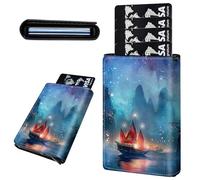 Mxfdegf Credit Card Holder Aluminum Auto Pop Up Wallet, Slim Minimalist Credit Card Holder For Men and Women, Leather Card Case Front Pocket Trifold Wallet RFID Blocking Wallets, Night sailing ship