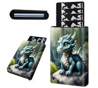 Mxfdegf Credit Card Holder Aluminum Auto Pop Up Wallet, Slim Minimalist Credit Card Holder For Men and Women, Leather Card Case Front Pocket Trifold Wallet RFID Blocking Wallets, Cute Dragon / Green