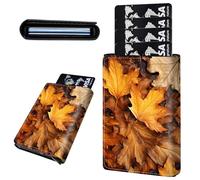 Mxfdegf Credit Card Holder Aluminum Auto Pop Up Wallet, Slim Minimalist Credit Card Holder For Men and Women, Leather Card Case Front Pocket Trifold Wallet RFID Blocking Wallets, Yellow Maple Leaf