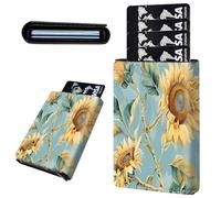 Mxfdegf Credit Card Holder Aluminum Auto Pop Up Wallet, Slim Minimalist Credit Card Holder For Men and Women, Leather Card Case Front Pocket Trifold Wallet RFID Blocking Wallets, Yellow Sunflowers