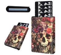 Mxfdegf Credit Card Holder Aluminum Auto Pop Up Wallet, Slim Minimalist Credit Card Holder For Men and Women, Leather Card Case Front Pocket Trifold Wallet RFID Blocking Wallets, Skull in the Flowers