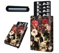 Mxfdegf Credit Card Holder Aluminum Auto Pop Up Wallet, Slim Minimalist Credit Card Holder For Men and Women, Leather Card Case Front Pocket Trifold Wallet RFID Blocking Wallets, Skull in the Flowers