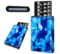 Mxfdegf Credit Card Holder Aluminum Auto Pop Up Wallet, Slim Minimalist Credit Card Holder For Men and Women, Leather Card Case Front Pocket Trifold Wallet RFID Blocking Wallets, Blue jellyfish -385