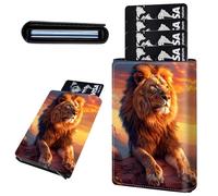 Mxfdegf Credit Card Holder Aluminum Auto Pop Up Wallet, Slim Minimalist Credit Card Holder For Men and Women, Leather Card Case Front Pocket Trifold Wallet RFID Blocking Wallets, Lion Jungle King