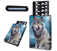 Mxfdegf Credit Card Holder Aluminum Auto Pop Up Wallet, Slim Minimalist Credit Card Holder For Men and Women, Leather Card Case Front Pocket Trifold Wallet RFID Blocking Wallets, Wolf on the